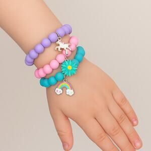 Lot of 3 Girls Stretchy Beaded Charm Bracelets Unicorn Rainbow Flower NWOT